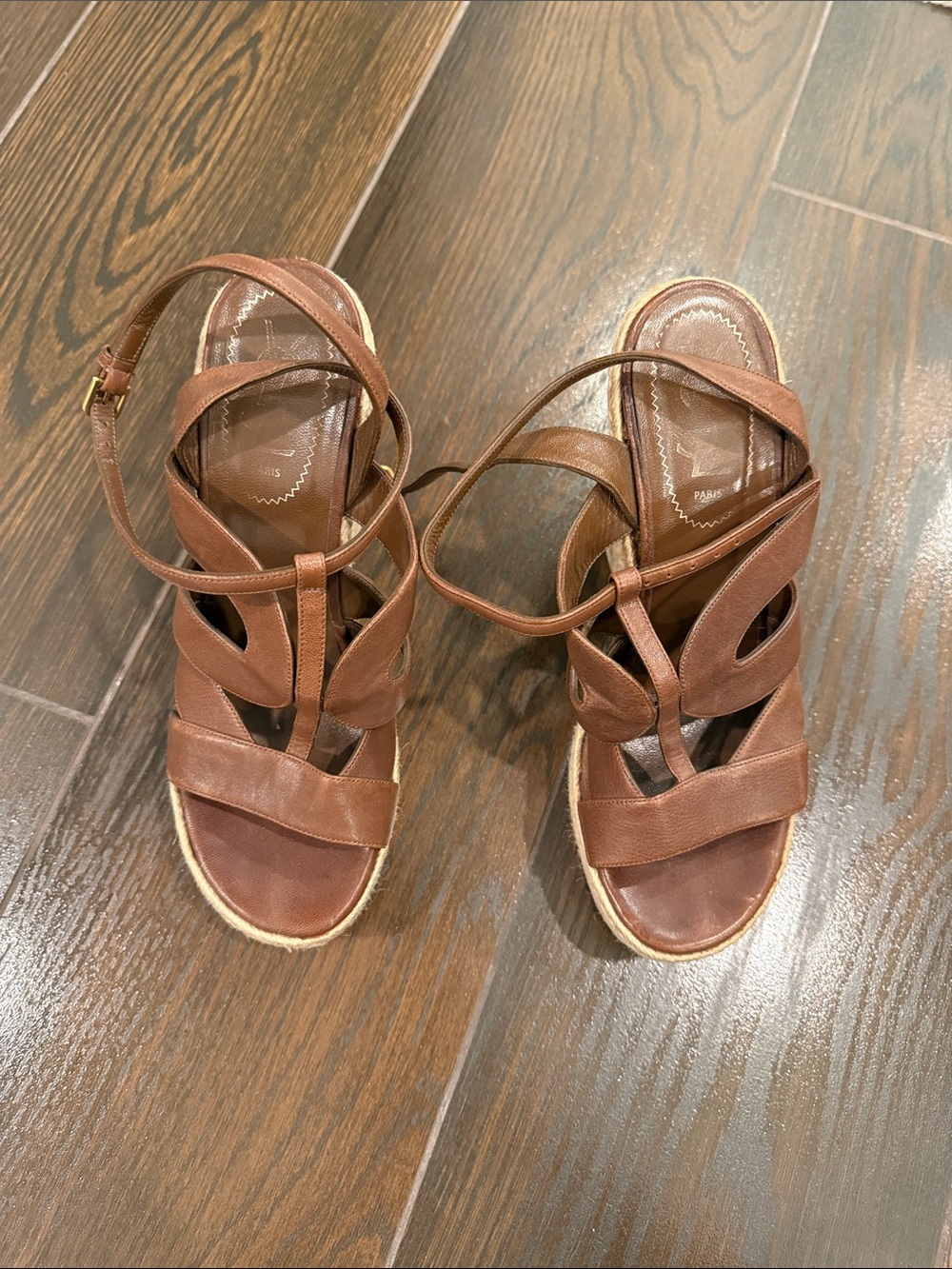 Yves Saint Laurent Brown Leather Strappy Wedge Sandals